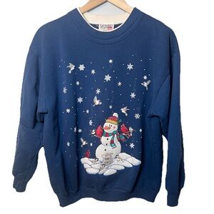 Vintage Christmas Sweatshirt Holiday Snowman size M Petite Blue Made in USA